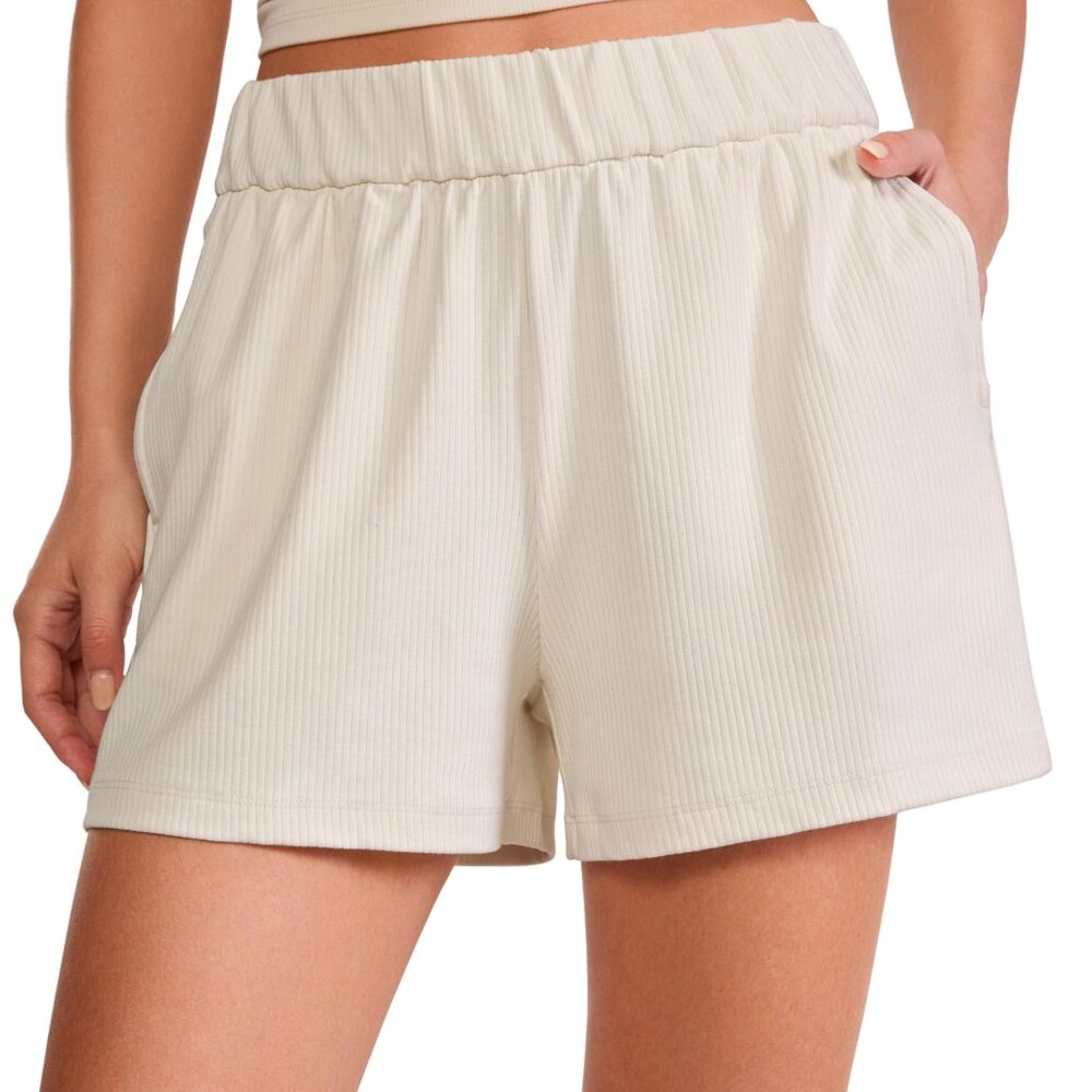 High Waisted Ribbed Sweat Shorts 3" Inseam Lounge Athletic Casual Pockets
